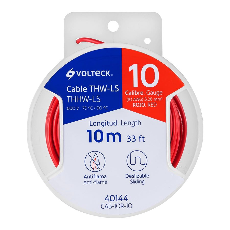 Carrete Cable Calibre 10 Rojo 10 Metros